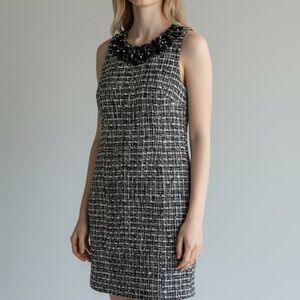 Boston Proper Tweed Shift Dress Embellished Neckline Sz 8